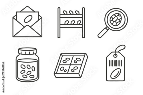 Seed Storage Icons. Line style icons of Seed Identification and Storage: labeled envelope, seed drying rack, magnified seed coat,