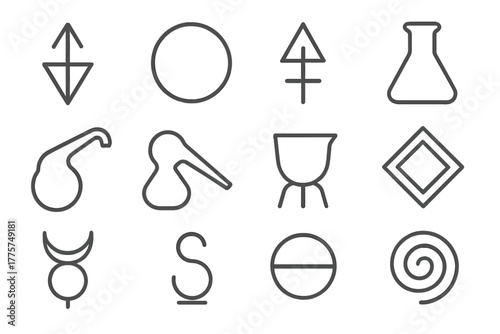 Philosophical Alchemy Icons. Line style icons of Philosophical Alchemy: Transmutation, Prima Materia, Alchemical Symbol, Flask;