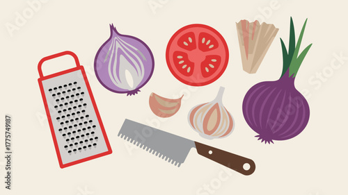 Flat illustration of red onion tomato garlic and kitchen tools on beige background grater