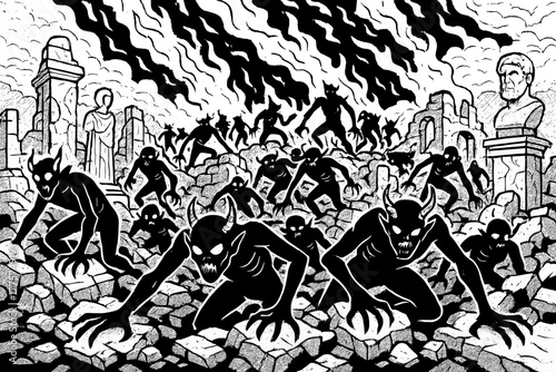 Shadow Demons Gathering. Army of shadow demons crawling out of ruins, broken statues, and burning skies overhead, black and white
