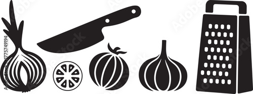 Black silhouette icons of kitchen tools and ingredients including onion garlic tomato and grater knife