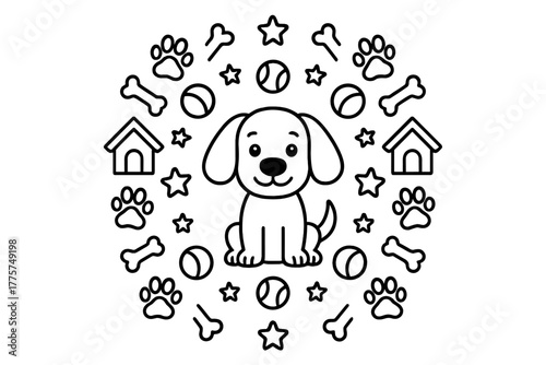 Dog and Toys Symmetry. Dog with floppy ears in the center with bones, dog houses, balls, and stars radiating outward in circular