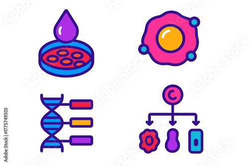 Stem Cell Icons. Isometric vector illustration set Stem Cell Integration: Cell suspension droplet, induced pluripotent stem icon,