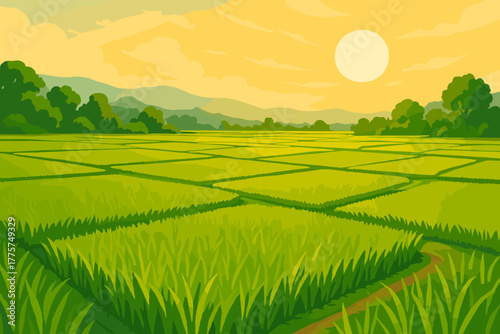 Sunlit Rice Fields. Expansive view of vibrant green rice vector illustration fields glowing under golden sunlight, tranquil and