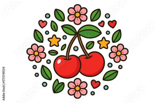 Fruity Mandala Delight. Cherry in the center with blossoms, stars, leaves, and hearts forming a cute fruity mandala, bright