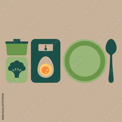 Green broccoli portion container scale and plate with spoon food healthy eating