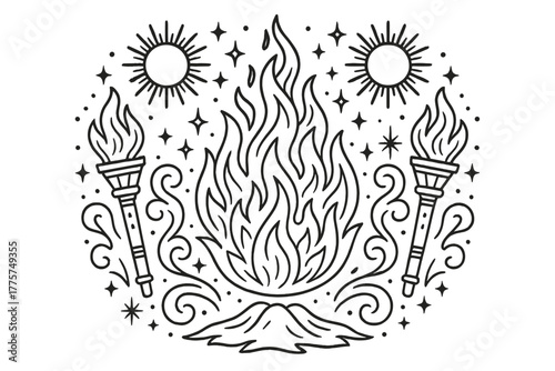 Radiant Flame Design. Flame in the middle with suns, sparks, torches, and swirling smoke radiating outward in symmetrical design,