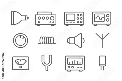 Retro Electronics Icons. Line style icons of retro electronics: cathode ray tube, amplifier, signal generator, waveform monitor;