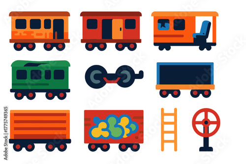 Deserted Train Icons. Flat vector icons of Deserted Train Cars: rusted carriage, open door, broken window, torn seat, collapsed