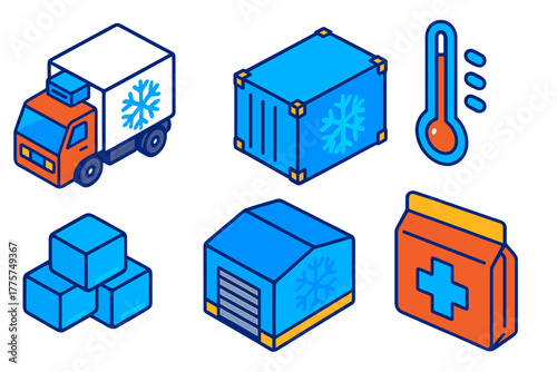 Cold Chain Logistics Icons. Isometric vector illustration set Cold Chain Logistics: refrigerated truck, insulated container,