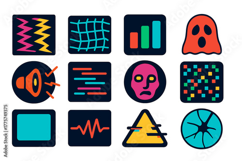 Eerie Signal Icons. Flat vector icons of Eerie Static: jagged noise screen, warped grid, distorted signal bars, ghostly silhouette
