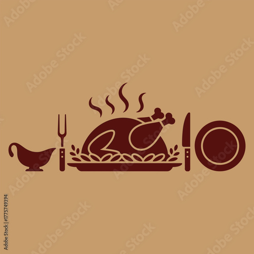 Roasted chicken dinner with gravy boat knife fork and plate meal food