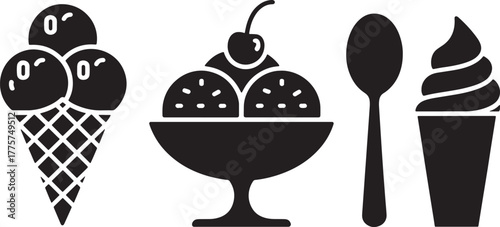 Black silhouette icons of ice cream cone sundae spoon and soft serve ice cream scoop cherry