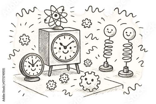 Whimsical Clock Lab. Whimsical doodle atomic clock lab with smiling clocks, cartoon oscillators bouncing happily, tiny gears with