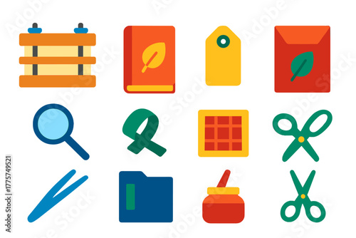 Herbarium Tools Icons. Flat vector icons of Herbarium Tools: wooden press, blotting paper, field notebook, label tag, specimen