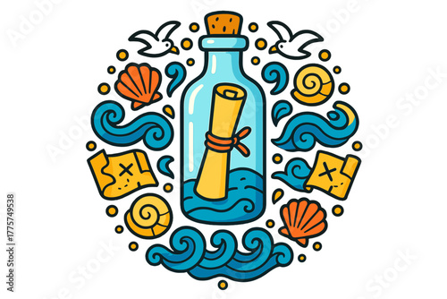 Ocean Mandala Illustration. Message in a bottle in the middle with shells, maps, waves, and seagulls arranged in ocean mandala