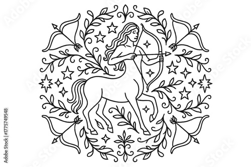 Mythical Centaur Mandala. Centaur in the middle with bows, arrows, stars, and vines radiating outward in mythical mandala