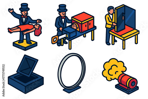 Stage Magic Icons. Isometric vector illustration set Stage Illusions: levitating assistant, box sawing trick, mirror illusion,