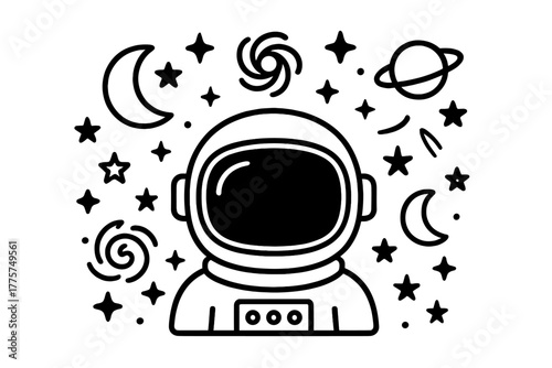 Space Helmet Symphony. Astronaut helmet in the middle with stars, moons, galaxies, and comets placed symmetrically around it,
