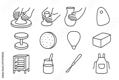Clay Crafting Icons. Line style icons of Clay Crafting: Centering Clay, Pulling Wall, Forming Shape, Rib Tool; Potter’s Wheel,