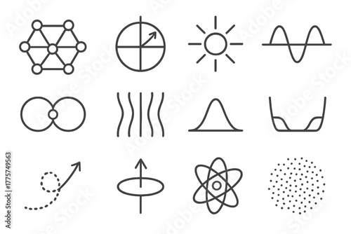 Quantum Research Icons. Line style icons of quantum research: atom lattice, qubit sphere, photon, wavefunction; entangled pair,