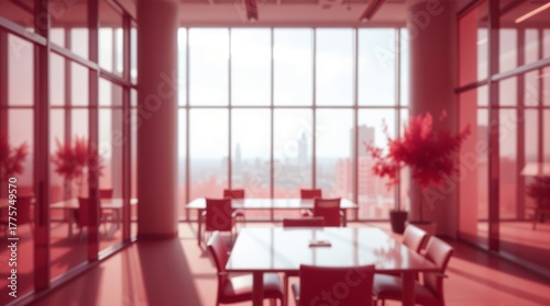 blurred background of a modern office interior with panoramic windows and beautiful lighting, Blurred office meeting room