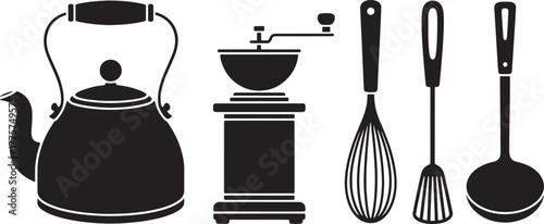 Black silhouette of a kettle coffee grinder whisk spatula and ladle on white background vector
