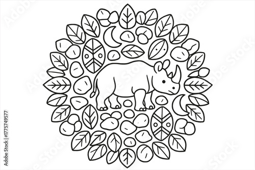 Rhino Mandala Design. Rhino in the center with rocks, leaves, moons, and tribal shields forming a strong mandala pattern, black