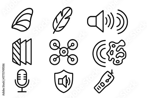 Stealth Innovation Icons. Line style icons of Stealth Innovation: Moth Wing, Owl Feather, Noise Absorption, Silent Technology;
