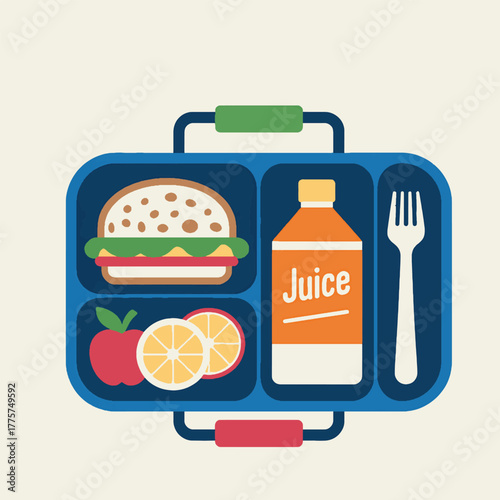 Blue lunchbox with burger juice apple orange slices and fork food meal