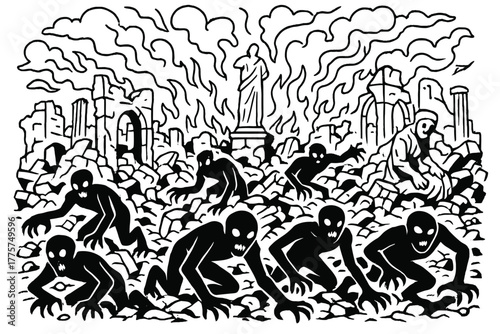 Shadow Demons Gathering. Army of shadow demons crawling out of ruins, broken statues, and burning skies overhead, black and white