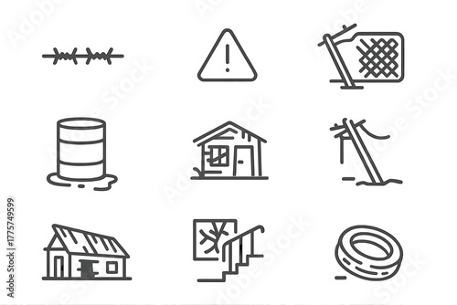 Derelict Icon Collection. Line style icons of derelict environment: barbed wire, fence, warning sign, broken gate; rusted barrel,