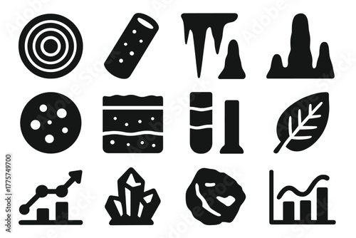 Paleoclimate Proxy Icons. Solid style icons of paleoclimate proxies: tree rings, ice core, stalactite, stalagmite, pollen sample,