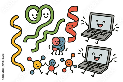 Joyful Protein Doodle. Playful doodle protein folding scene with ribbons and helices smiling, cartoon atoms hugging together,