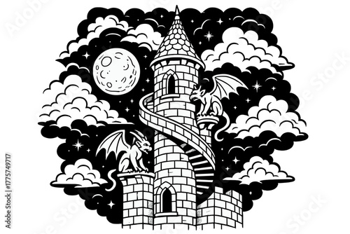 Moonlit Tower Mystique. Mystical moonlit tower with gargoyles, spiral staircases, and stars glowing behind storm clouds, black and