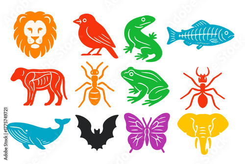 Colorful Animal Icons. Flat vector icons of Zoological Illustration: lion sketch, bird drawing, reptile outline, fish engraving,
