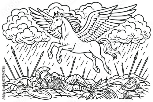 Pegasus Above Battlefield. Pegasus flying over a battlefield of fallen warriors with storm clouds and broken spears below, black
