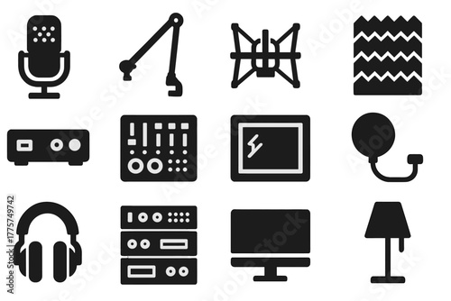 Studio Equipment Icons. Solid style icons of professional studio equipment: condenser microphone, boom arm, shock mount, acoustic