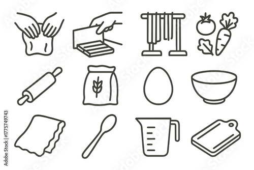 Culinary Craft Icons. Line style icons of Culinary Craft: Dough Pulling, Blade Cutting, Drying Rack, Fresh Produce; Rolling Pin,