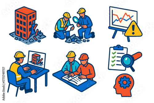Engineering Disaster Icons. Isometric vector illustration set Engineering disaster analysis: structural collapses, investigation
