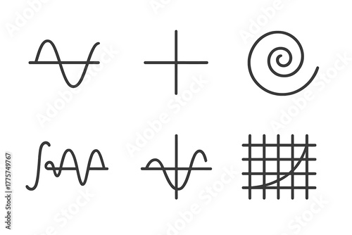 Mathematical Harmonics Icons. Line style icons of Mathematical Harmonics: basis function icon, orthogonality symbol, convergence