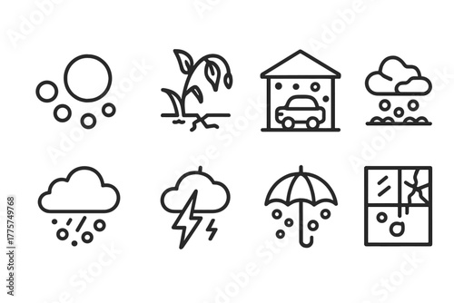 Hailstorm Icons Collection. Line style icons of Hailstorm: Hailstone, Damaged Crop, Shelter, Ice Accumulation, Cloud, Lightning,