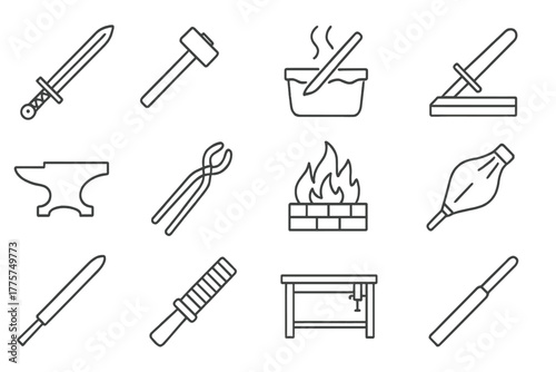 Traditional Swordmaking Icons. Line style icons of Traditional Swordmaking: Pattern-Welded Steel, Smith’s Hammer, Quenching Tub,