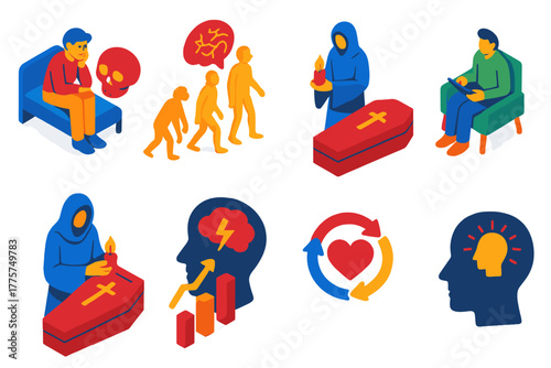 Thanatophobia Visualization. Isometric vector illustration set Thanatophobia: person contemplating mortality, evolutionary fear