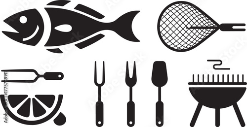 Black silhouette icons of fish barbecue grilling tools and lemon slice cooking
