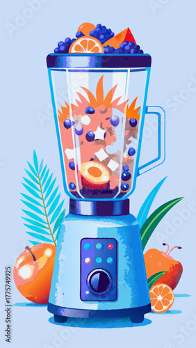Making fruit smoothies in a blender watercolor image. Flat vector illustration.