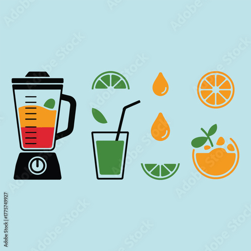 Blender with orange juice and green smoothie in glass with fruit slices and drops straw
