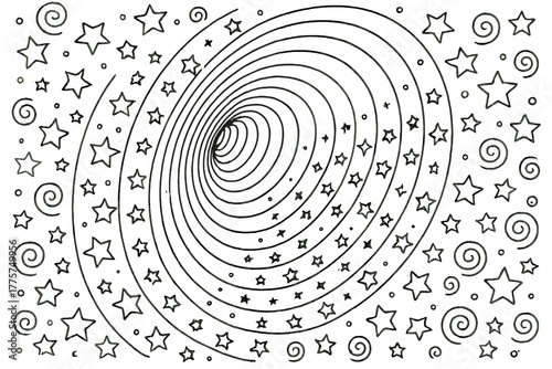 Abstract Tunnel Illusion. Abstract tunnel illusion with concentric lines, swirling stars, and infinite spirals, black and white