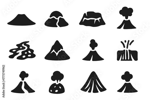 Volcanic Activity Icons. Solid style icons of volcanic activity on planets: shield volcano, lava dome, caldera, erupting plume,