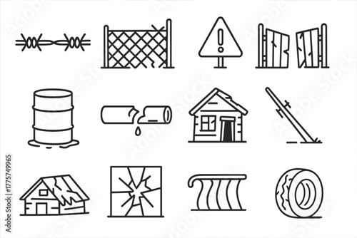 Derelict Icon Collection. Line style icons of derelict environment: barbed wire, fence, warning sign, broken gate; rusted barrel,
